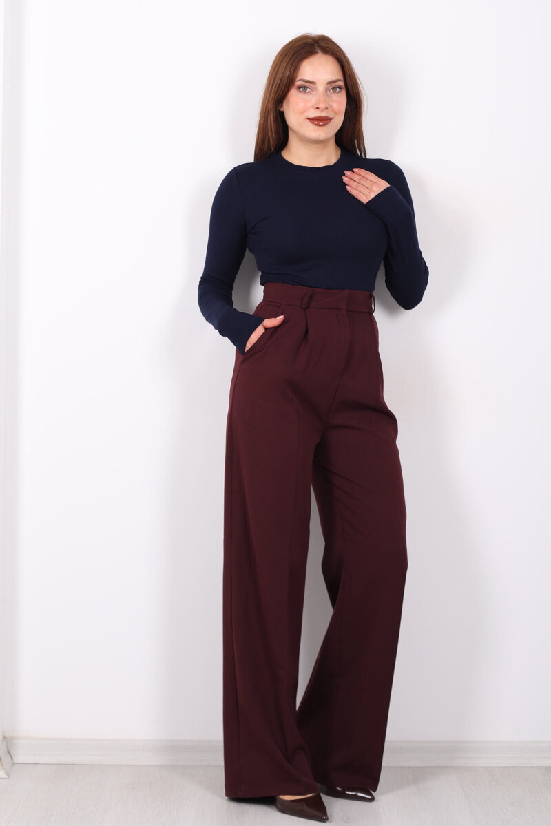 Önü Pensli Bordo Kadın Pileli Pantolon - 1