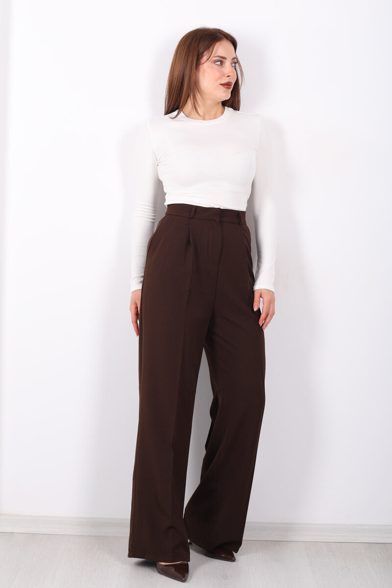 Önü Pensli Kahverengi Kadın Pileli Pantolon - 4