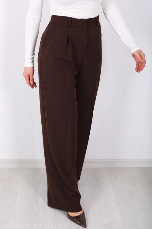 Önü Pensli Kahverengi Kadın Pileli Pantolon - Berox (1)