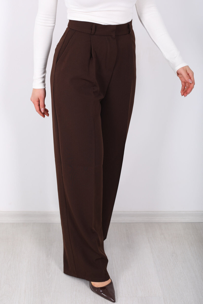 Önü Pensli Kahverengi Kadın Pileli Pantolon - 2