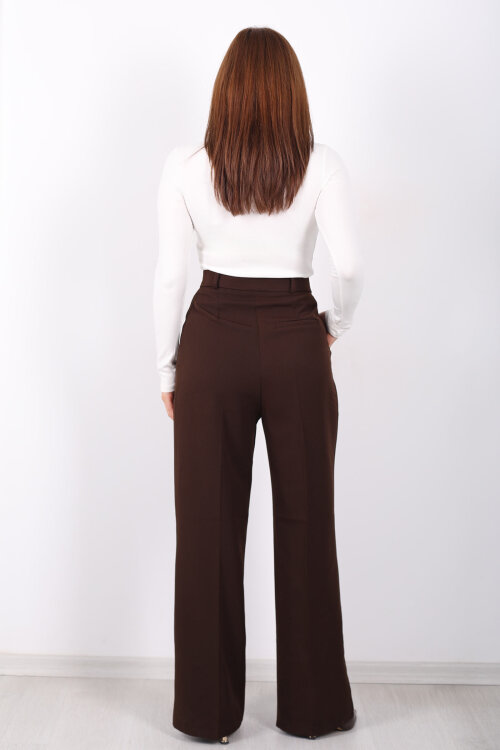 Önü Pensli Kahverengi Kadın Pileli Pantolon - 5