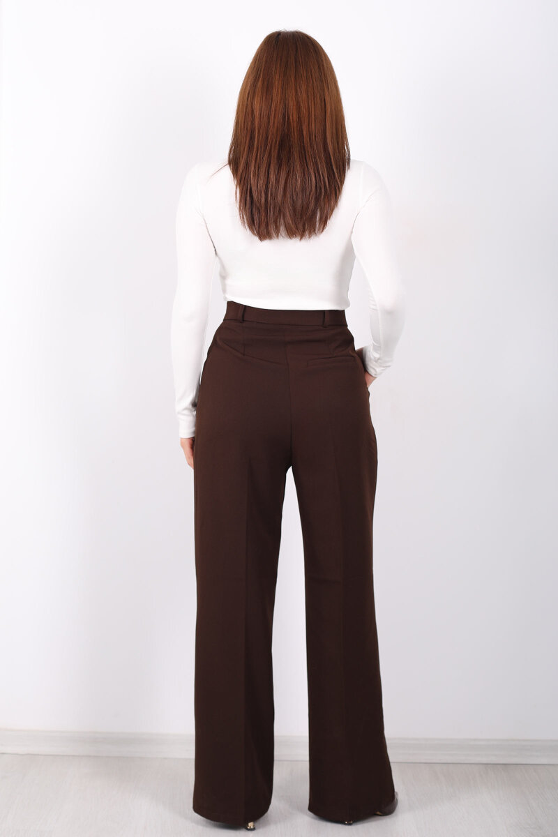 Önü Pensli Kahverengi Kadın Pileli Pantolon - 5