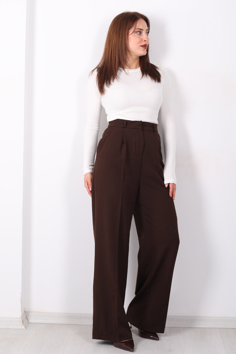 Önü Pensli Kahverengi Kadın Pileli Pantolon - 1