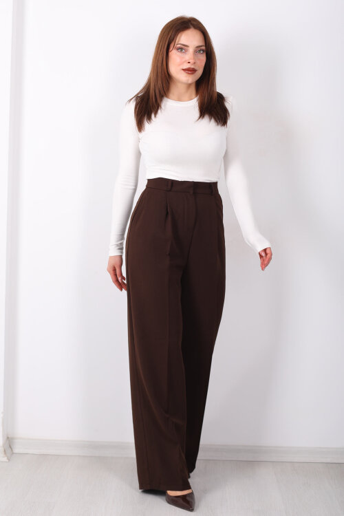 Önü Pensli Kahverengi Kadın Pileli Pantolon - 6