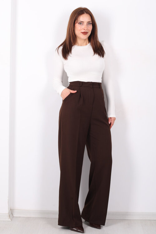 Önü Pensli Kahverengi Kadın Pileli Pantolon - 3