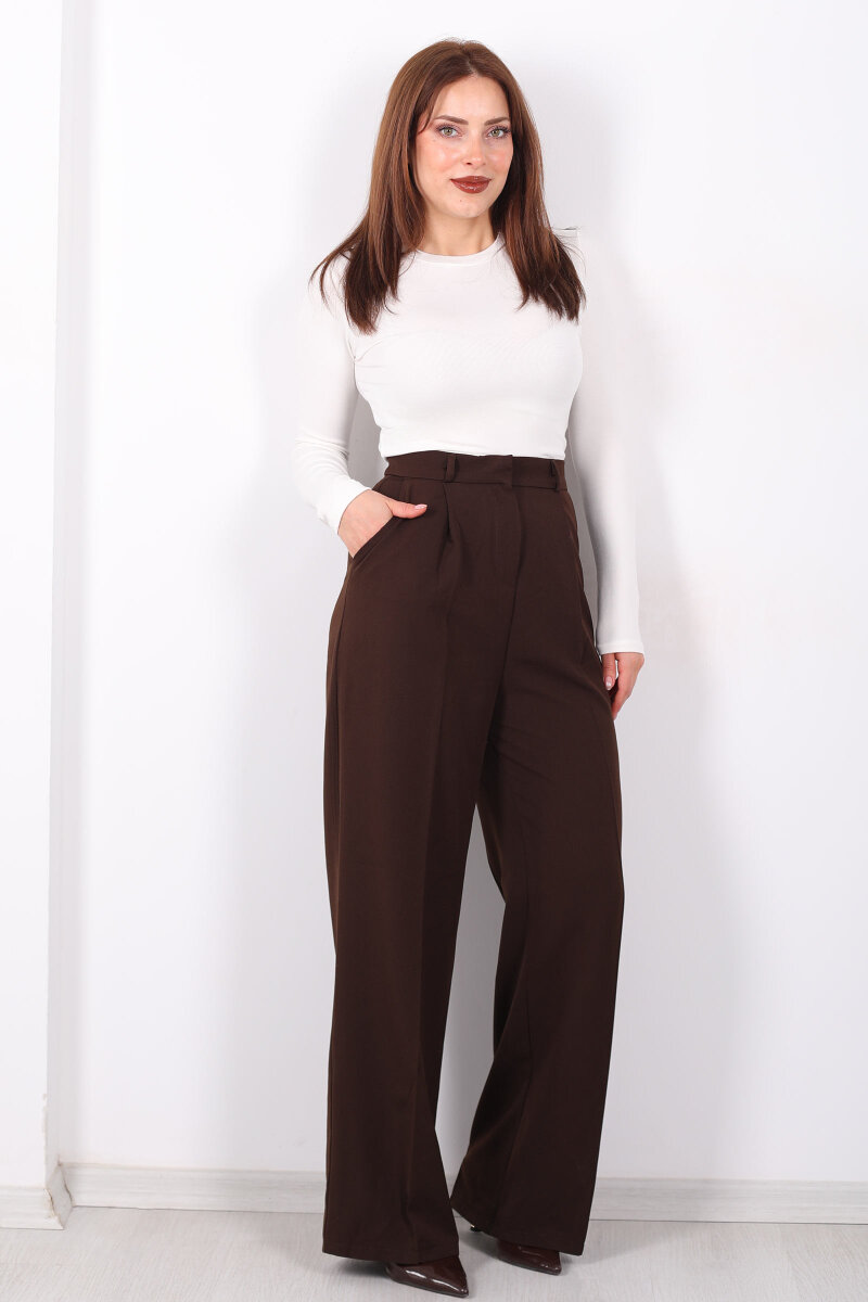 Önü Pensli Kahverengi Kadın Pileli Pantolon - 3