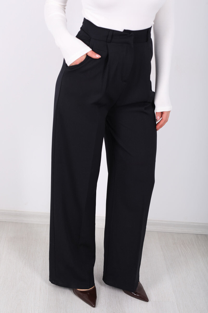 Önü Pensli Siyah Kadın Pileli Pantolon - 2