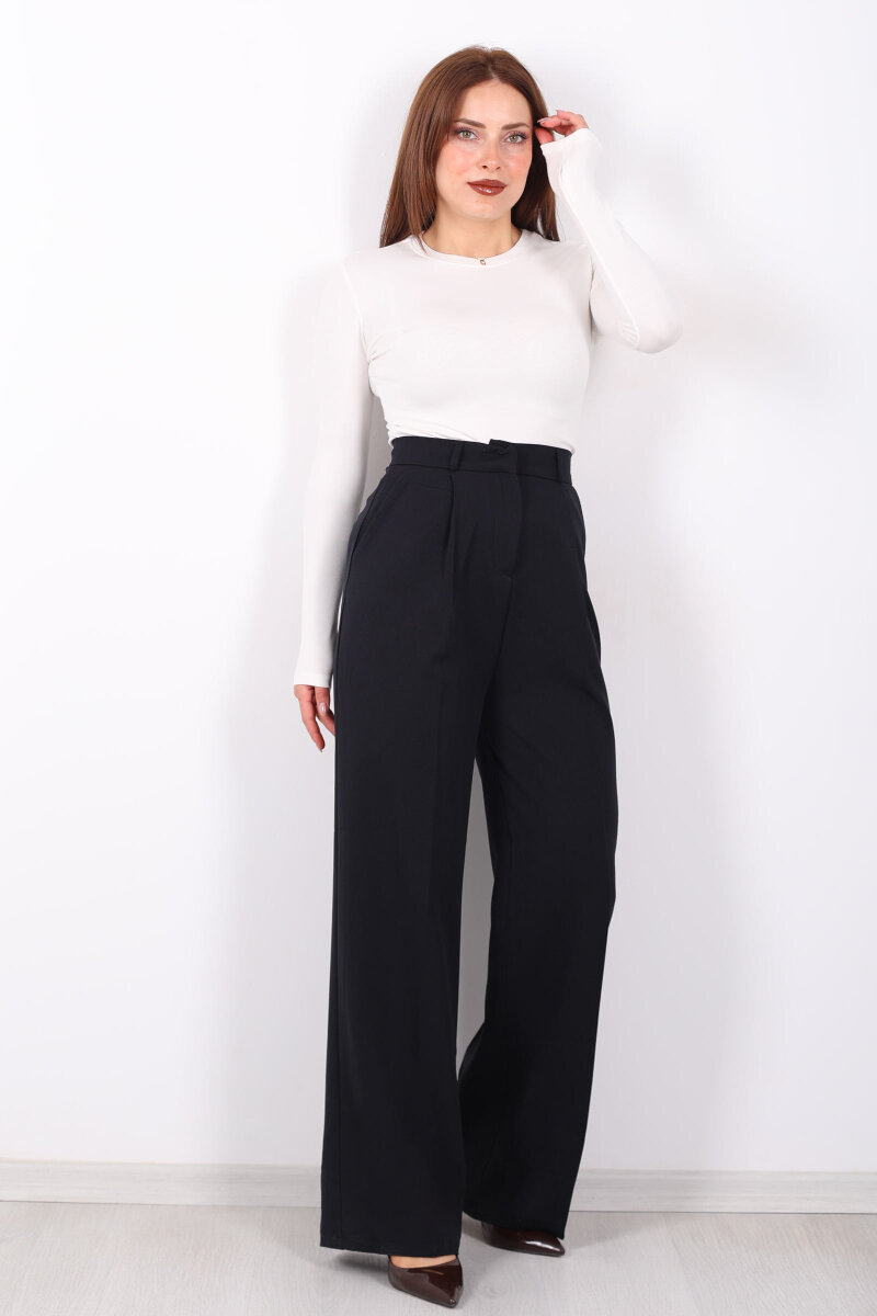 Önü Pensli Siyah Kadın Pileli Pantolon - 1