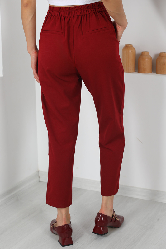Önü Pensli Yüksek Bel Bordo Kadın Kumaş Pantolon - 5