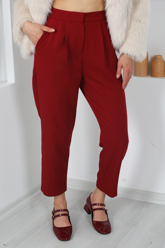 Önü Pensli Yüksek Bel Bordo Kadın Kumaş Pantolon - 4