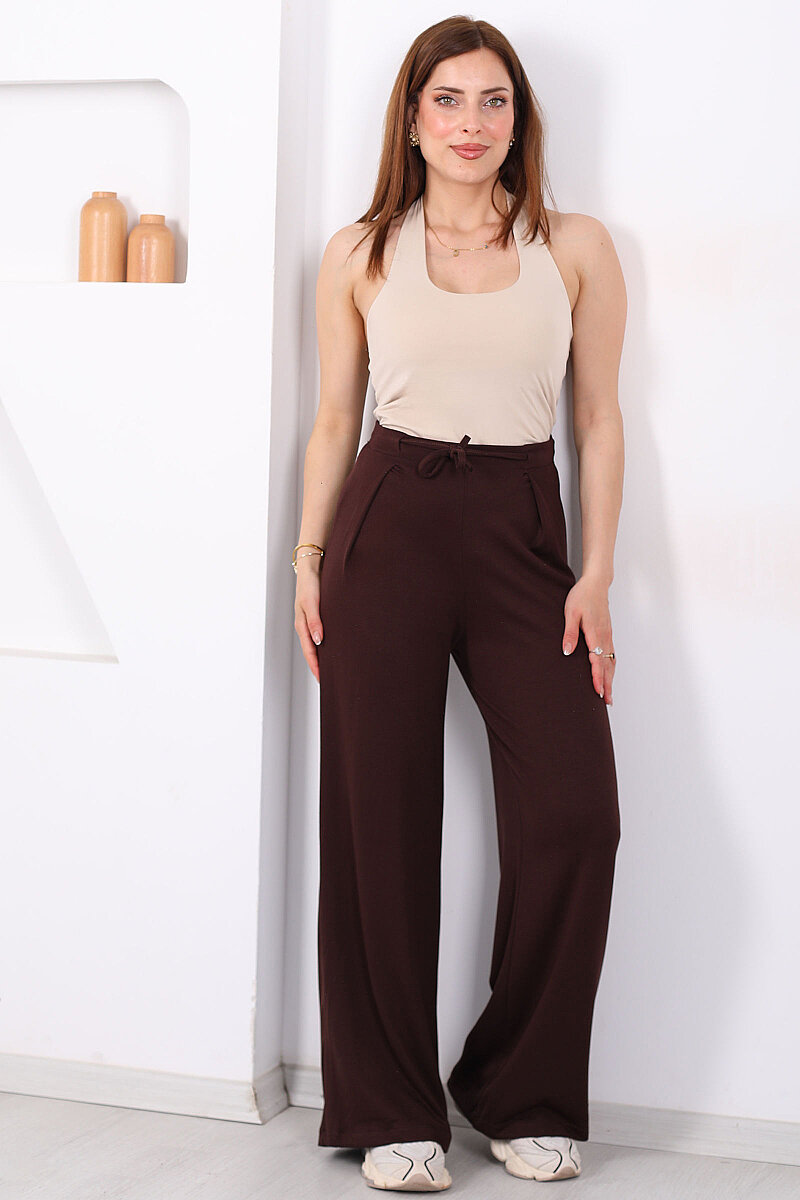 Önü Pileli Beli Bağlamalı Kahverengi Kadın Modal Pantolon - 5