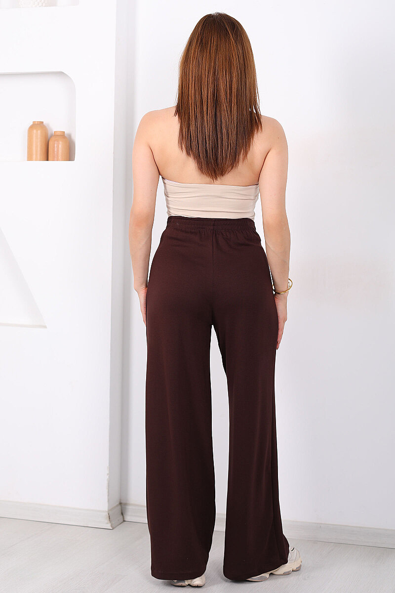 Önü Pileli Beli Bağlamalı Kahverengi Kadın Modal Pantolon - 4