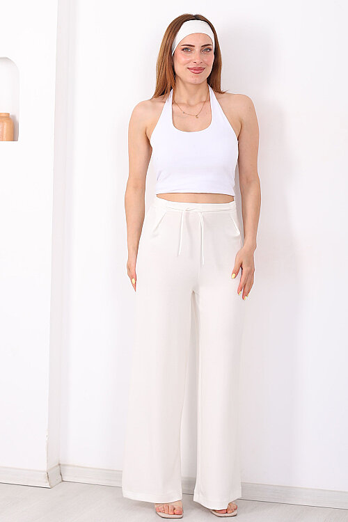 Önü Pileli Beli Bağlamalı Krem Kadın Modal Pantolon - 3
