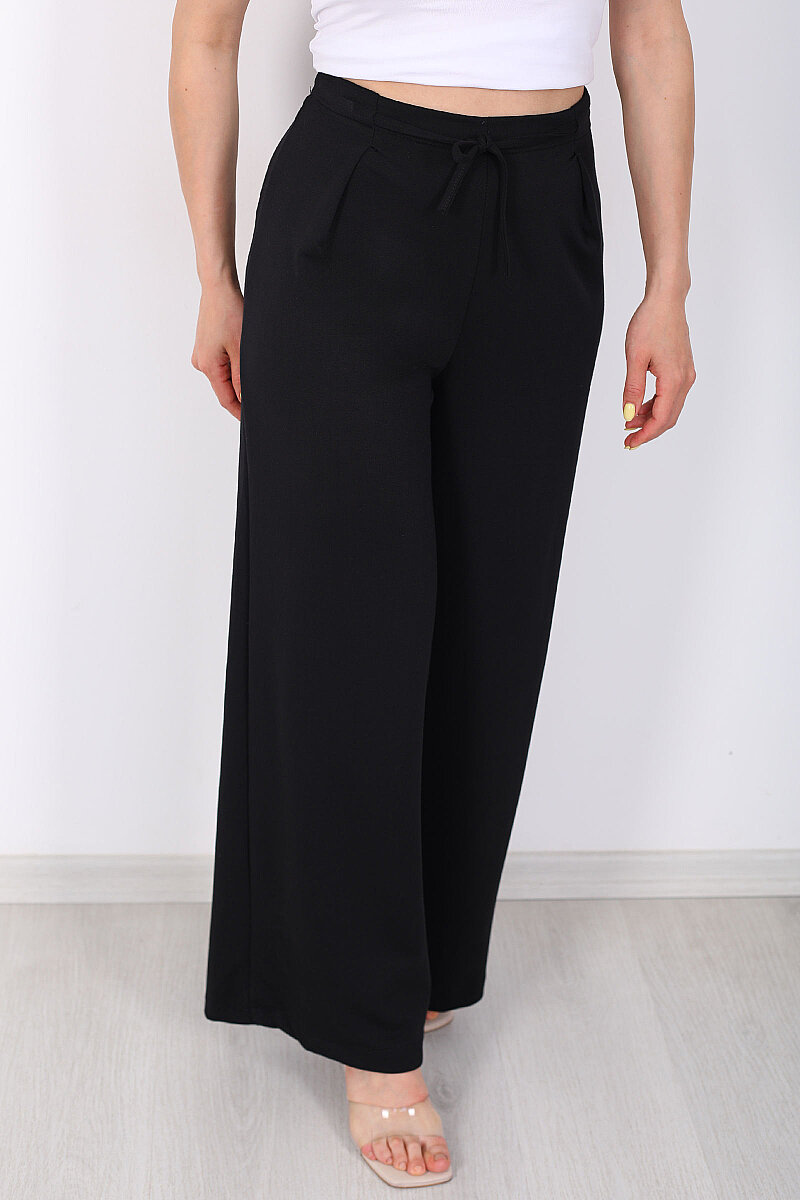 Önü Pileli Beli Bağlamalı Siyah Kadın Modal Pantolon - 2