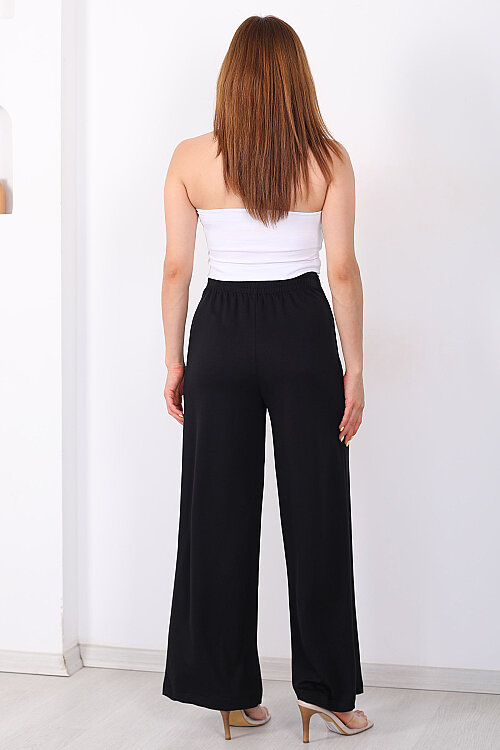 Önü Pileli Beli Bağlamalı Siyah Kadın Modal Pantolon - 4