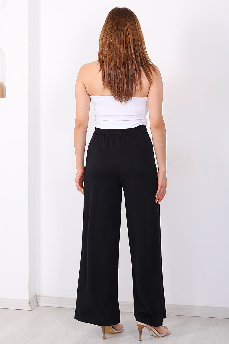 Önü Pileli Beli Bağlamalı Siyah Kadın Modal Pantolon - 4