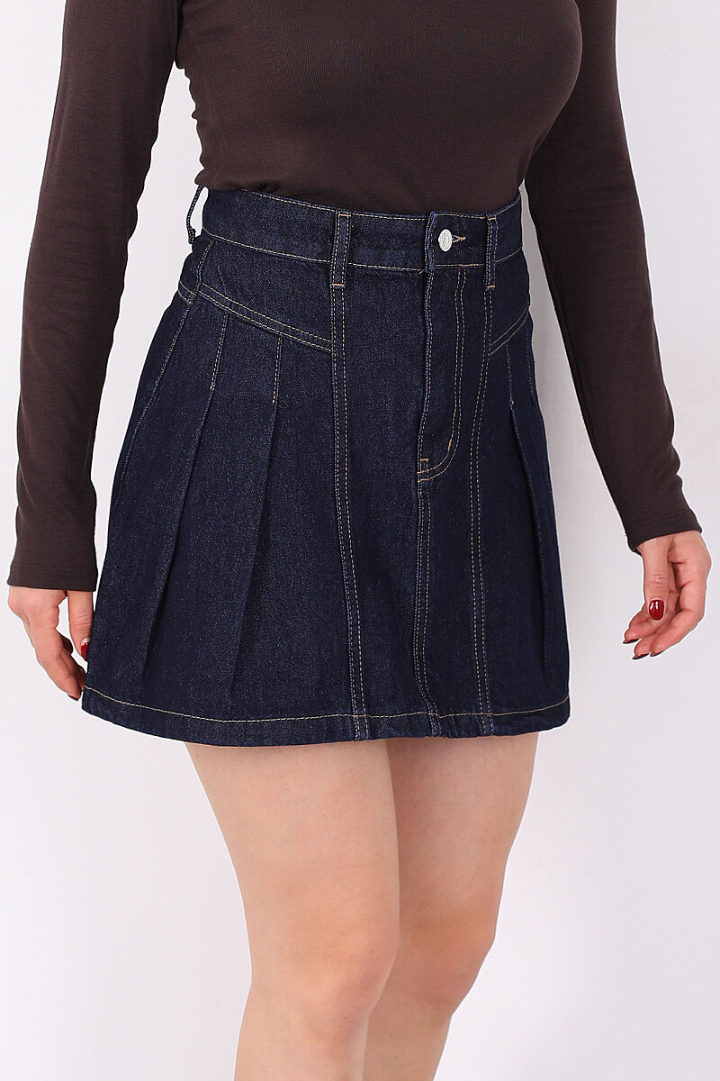 Önü Pileli Kadın Raw Yıkama Mini Denim Etek - 2