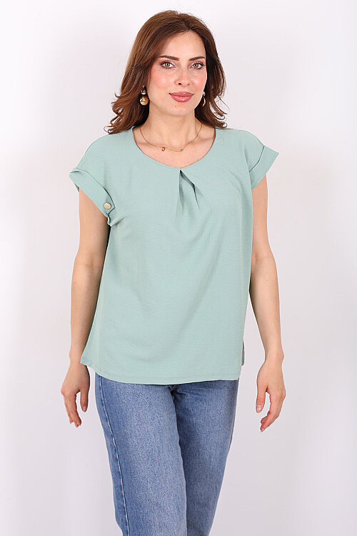 Önü Pileli Kol Apoletli Kadın Mint Yeşili Bluz - 3