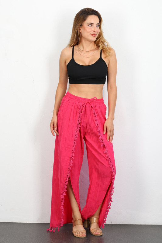 Önü Püsküllü Yırtmaçlı Gofre Pembe Kadın Pantolon - 3
