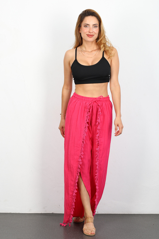 Önü Püsküllü Yırtmaçlı Gofre Pembe Kadın Pantolon - 4