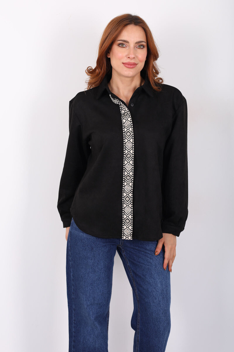 Önü Şerit Taşlı Detaylı Siyah Kadın Süet Gömlek - 6