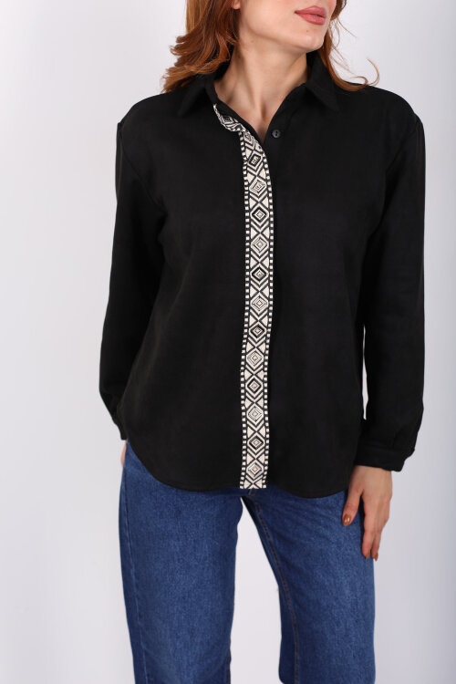Önü Şerit Taşlı Detaylı Siyah Kadın Süet Gömlek - Berox (1)