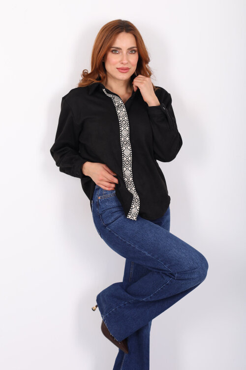 Önü Şerit Taşlı Detaylı Siyah Kadın Süet Gömlek - 3