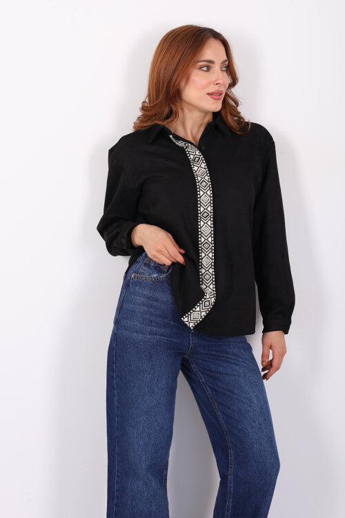 Önü Şerit Taşlı Detaylı Siyah Kadın Süet Gömlek - Berox