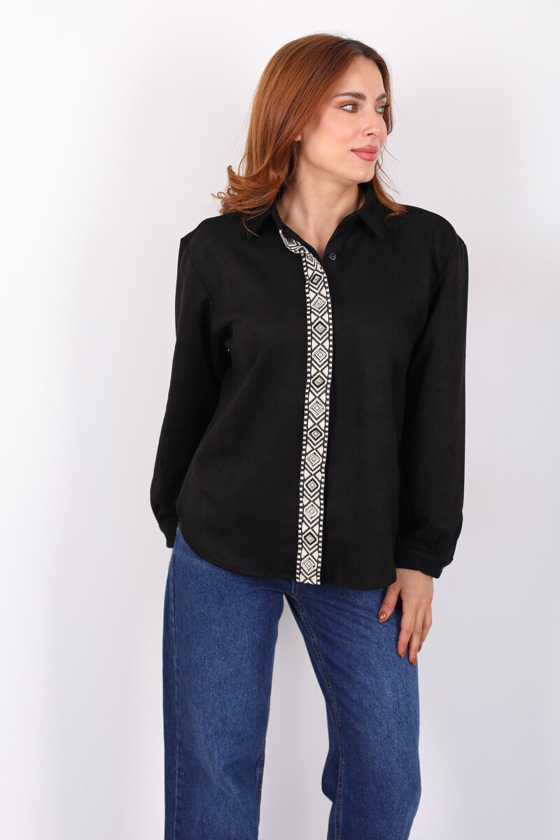Önü Şerit Taşlı Detaylı Siyah Kadın Süet Gömlek - 4