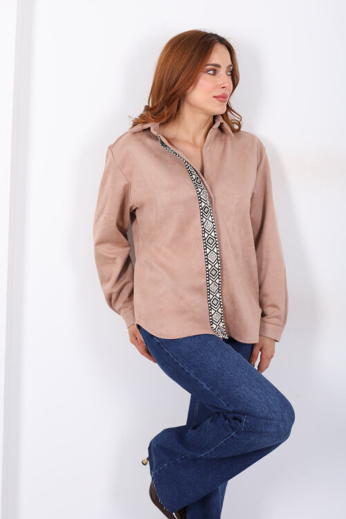 Önü Şerit Taşlı Detaylı Vizon Kadın Süet Gömlek - 4