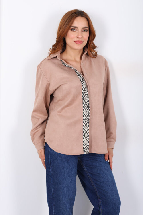 Önü Şerit Taşlı Detaylı Vizon Kadın Süet Gömlek - 6