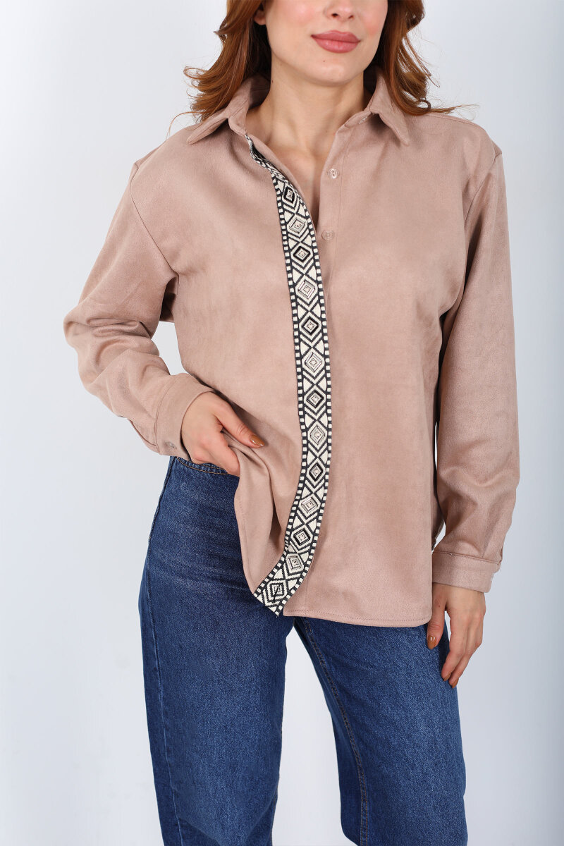 Önü Şerit Taşlı Detaylı Vizon Kadın Süet Gömlek - 2