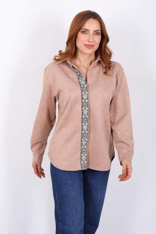 Önü Şerit Taşlı Detaylı Vizon Kadın Süet Gömlek - 3