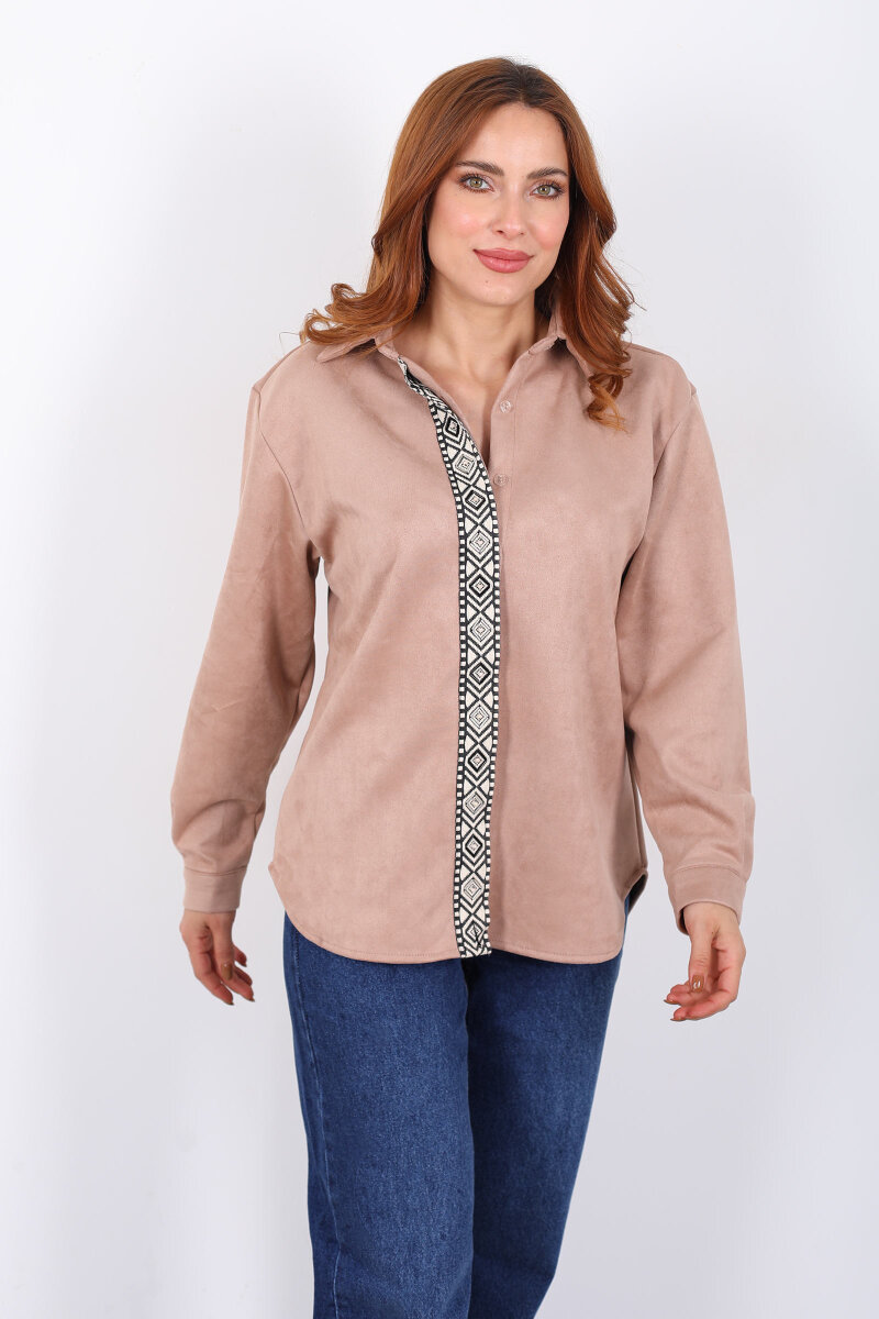 Önü Şerit Taşlı Detaylı Vizon Kadın Süet Gömlek - 3