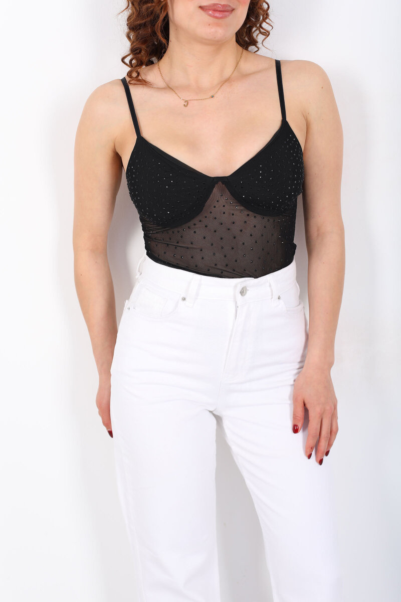 Önü Taşlı Askılı Transparan Siyah Kadın Bodysuit - 2