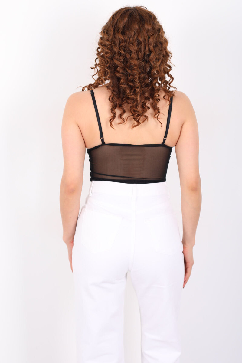 Önü Taşlı Askılı Transparan Siyah Kadın Bodysuit - 5