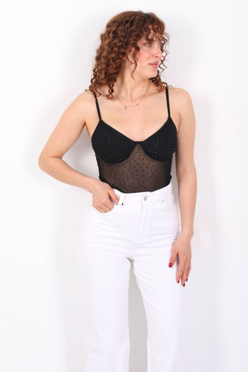Önü Taşlı Askılı Transparan Siyah Kadın Bodysuit - Berox