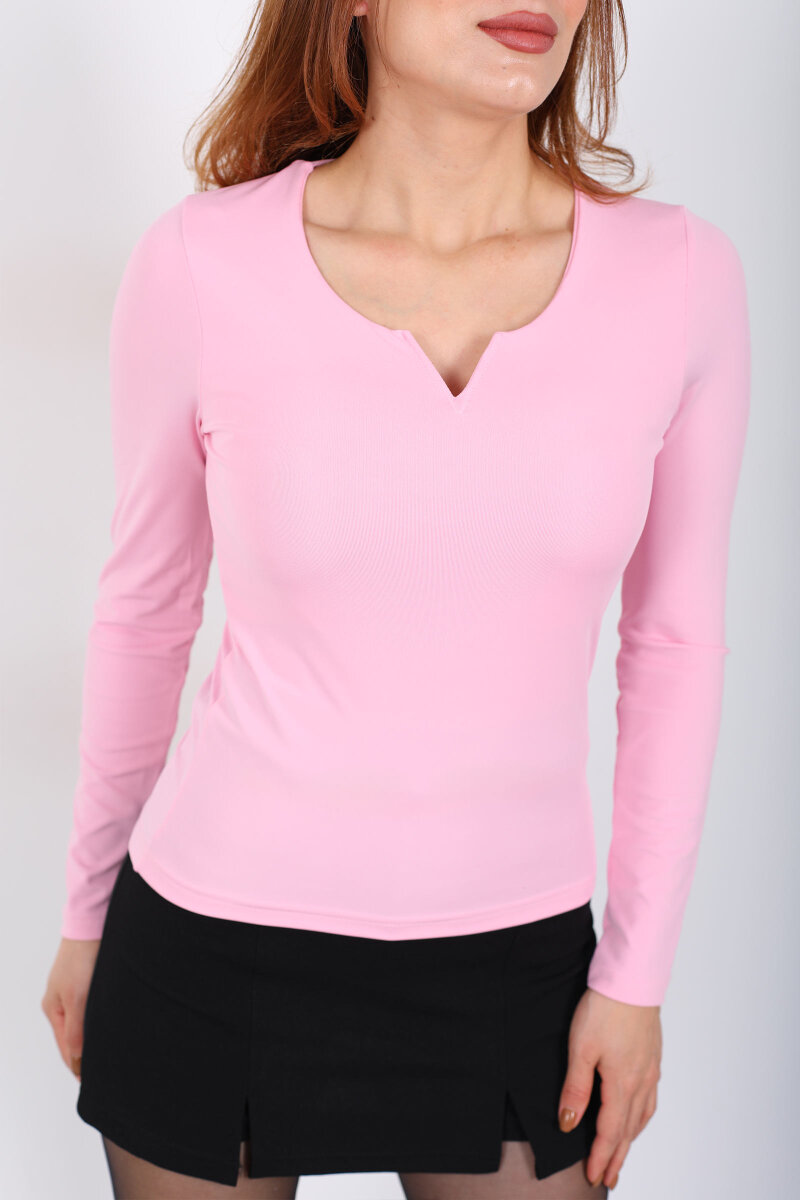 Önü V Dekolteli Pembe Kadın Sandy Bluz - 2