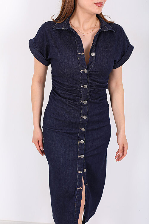 Önü Yırtmaçlı Bel Büzgülü Düğmeli Kadın Lacivert Kot Elbise - Berox (1)