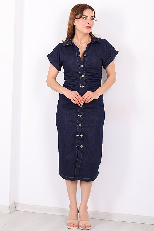 Önü Yırtmaçlı Bel Büzgülü Düğmeli Kadın Lacivert Kot Elbise - 7