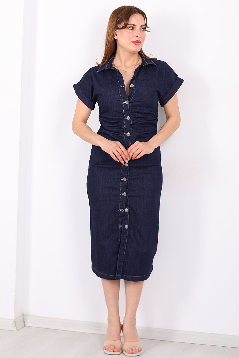 Önü Yırtmaçlı Bel Büzgülü Düğmeli Kadın Lacivert Kot Elbise - 7