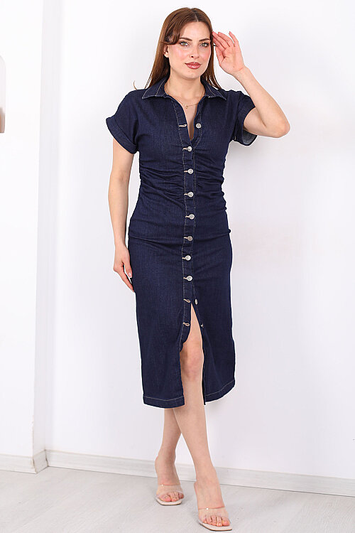 Önü Yırtmaçlı Bel Büzgülü Düğmeli Kadın Lacivert Kot Elbise - 4