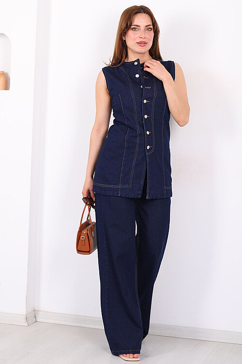Önü Yırtmaçlı Düğmeli Kadın Yelek - Pantolon Denim Takım - 7