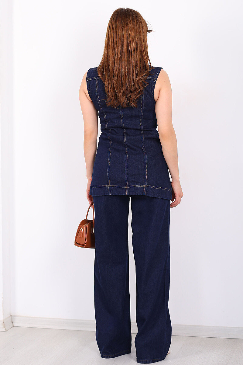 Önü Yırtmaçlı Düğmeli Kadın Yelek - Pantolon Denim Takım - 6