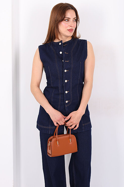Önü Yırtmaçlı Düğmeli Kadın Yelek - Pantolon Denim Takım - 3