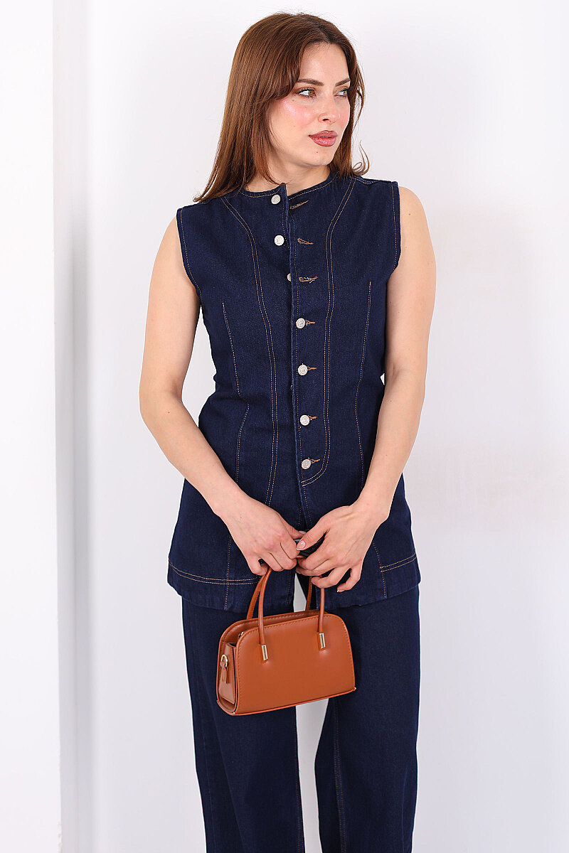 Önü Yırtmaçlı Düğmeli Kadın Yelek - Pantolon Denim Takım - 3