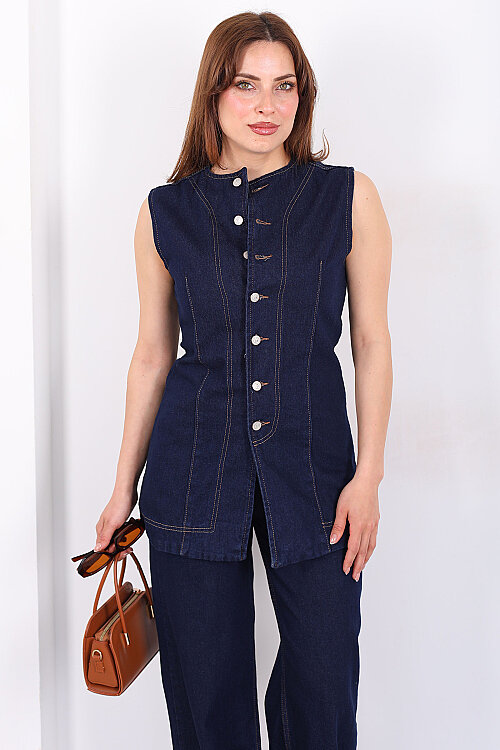 Önü Yırtmaçlı Düğmeli Kadın Yelek - Pantolon Denim Takım - 5