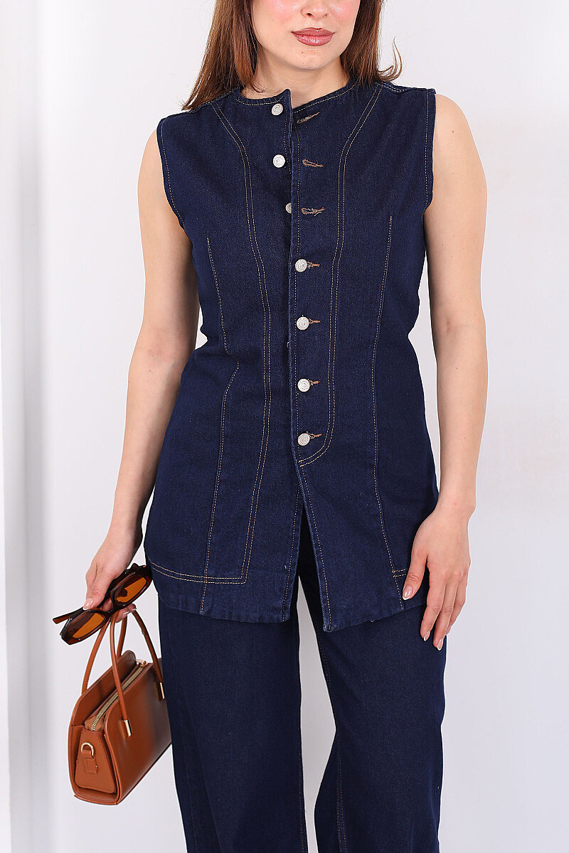 Önü Yırtmaçlı Düğmeli Kadın Yelek - Pantolon Denim Takım - 2