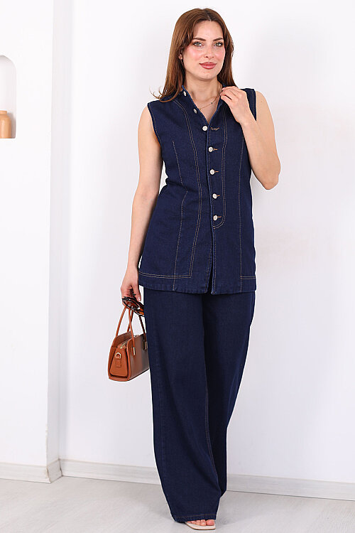 Önü Yırtmaçlı Düğmeli Kadın Yelek - Pantolon Denim Takım - 4