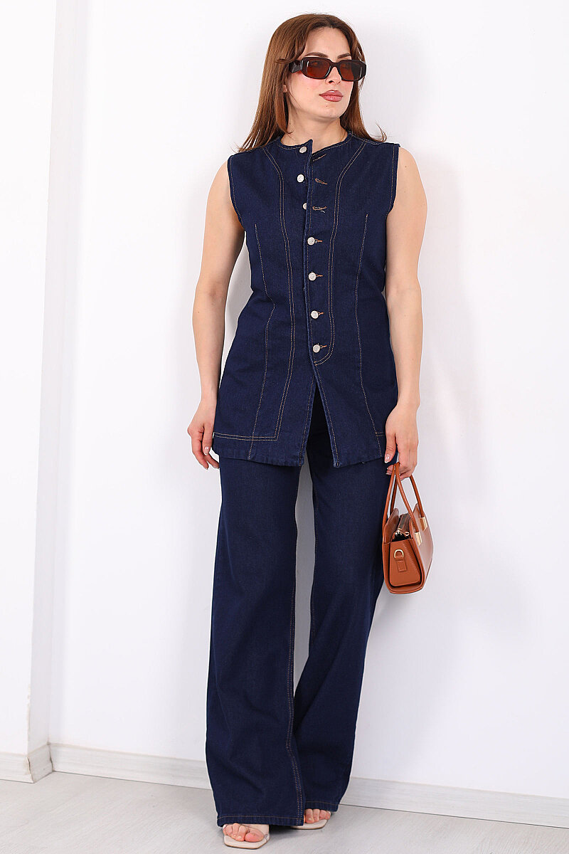 Önü Yırtmaçlı Düğmeli Kadın Yelek - Pantolon Denim Takım - 1